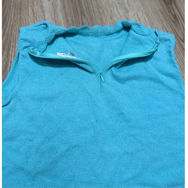 St.‎ John Turquoise Blue Knit Sleeveless Mock Neck Top Scalloped Trim Size S - Image 6