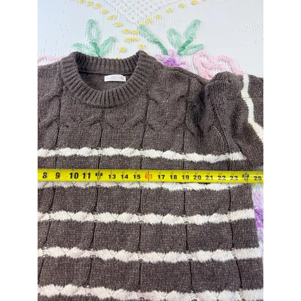 LC Lauren Conrad Brown Cream Striped Cable Knit Sweater‎ XXL Pullover Crew Neck - Image 4