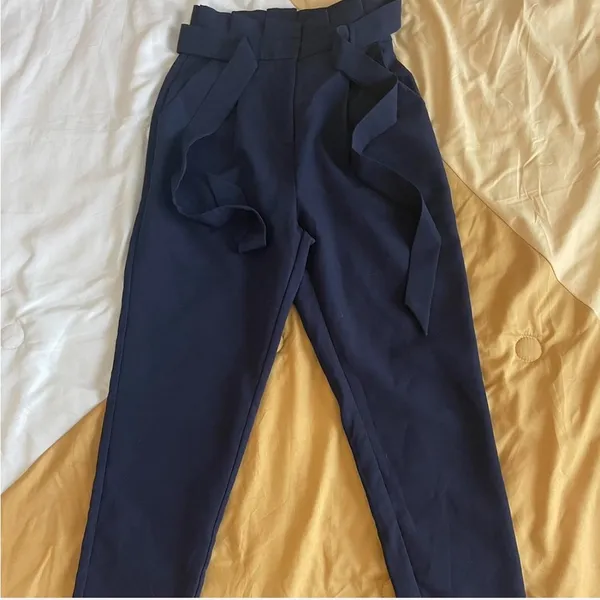 Navy Blue Paperbag Waist Straight Leg Pants trousers - Image 2