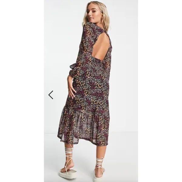 ASOS The Frolic Square Neck Midi Tea Dress With Mesh Sleeves Ditsy Floral Size 6 - Image 2