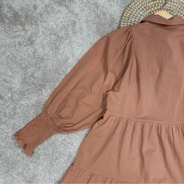 Bohme Makayla Mini Dress Smocked Balloon Sleeve Button Ruffle Tiered in Clay S - Image 9