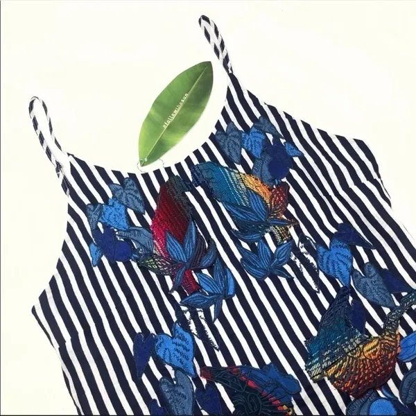 FARM Rio Striped Mini Dress Embroidered Birds Toucan Linen Cover Up Resortwear - Image 2