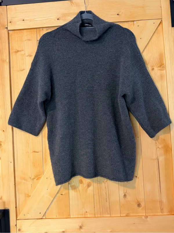 Zara Knit Italian Yarn Charcoal Gray Short Sleeve Funnel Neck Sweater Size M - Image 3