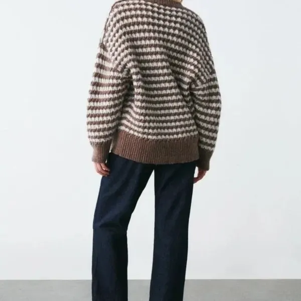 ZARA Wool Chunky Knit Oversized Sweater Brown Grey Stripes‎ Pullover Knit Small - Image 9