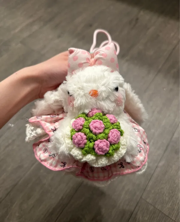 White Plush Bunny Doll with Pink Accents and Crocheted Flower - Image 4