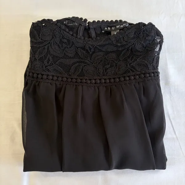 As You Wish Black Lace Chiffon Mini Dress Bohemian Parisian Dress Pompom Medium‎ - Image 11