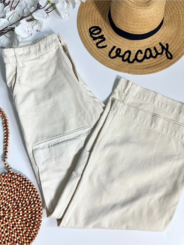 Zara Blogger Favorite Ecru Wide Leg Cargo Jeans Pants Size M - Image 5