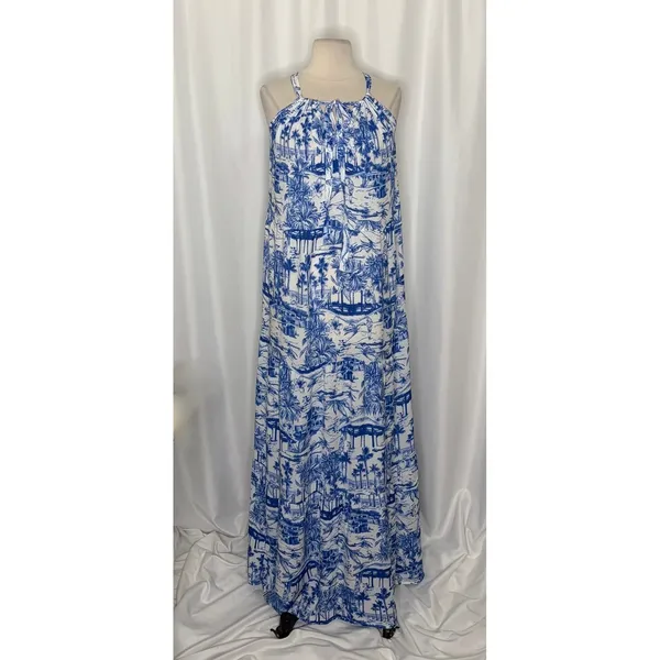 By ANTHROPOLOGIE Jasmine Tiered Cover-Up Dress Maxi Tropical Toile Blue Medium - Image 2