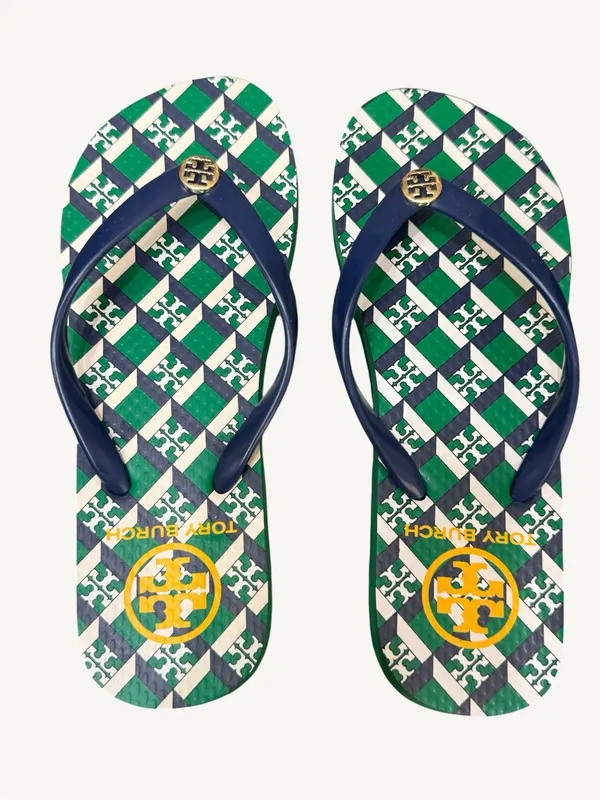 Tory Burch Green, Navy & White Check Logo Flip Flops Size 5 NWOT - Image 3