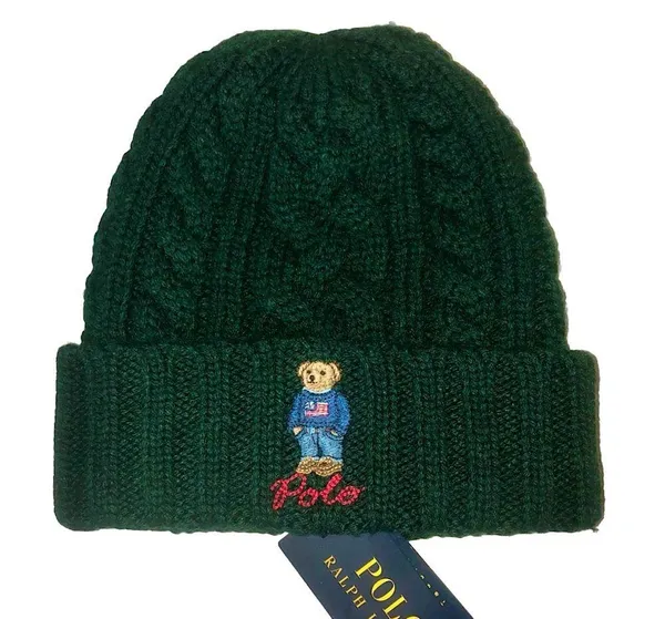 RALPH LAUREN Green Cable Knit Hat w/ Bear Wearing American Flag Sweater O/S NWT - Image 9