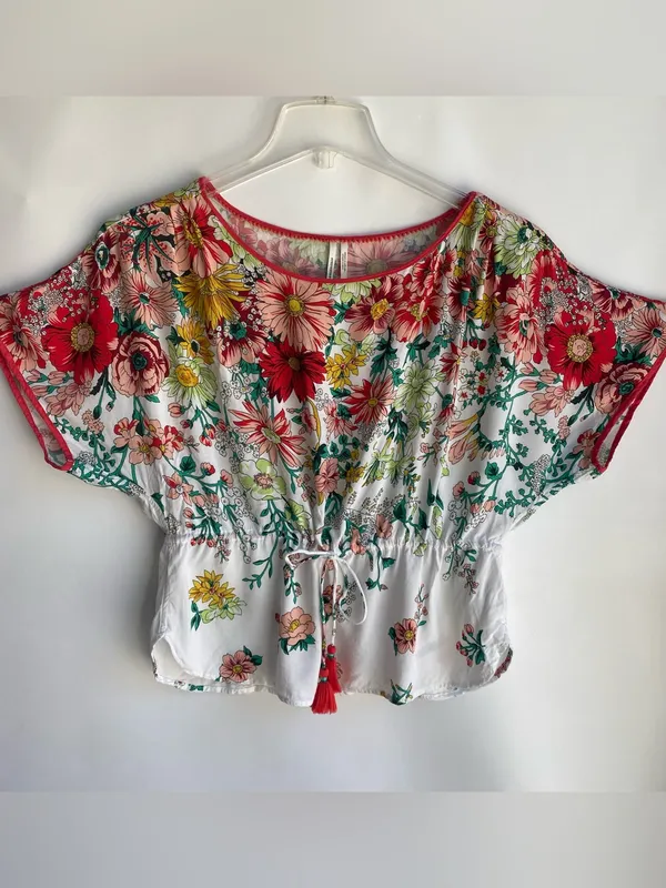 Anthropologie springtime floral sleep top tassel tie waist dolman sleeve top M - Image 2