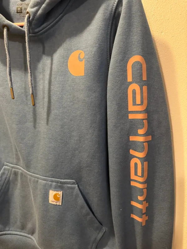 Carhartt Light Blue Crewneck Hoodie with Pink Logo Accents - Image 2