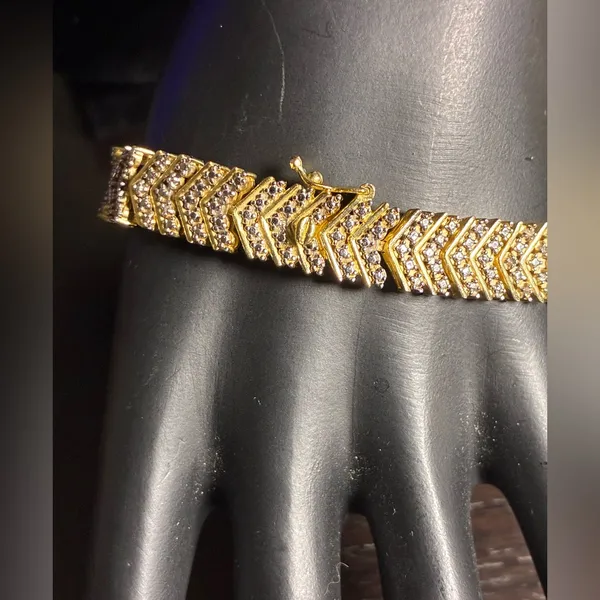 18K Gold Finish Natural Chevron Bracelet 1ct Lab Diamond in Brass 7.5” - Image 9
