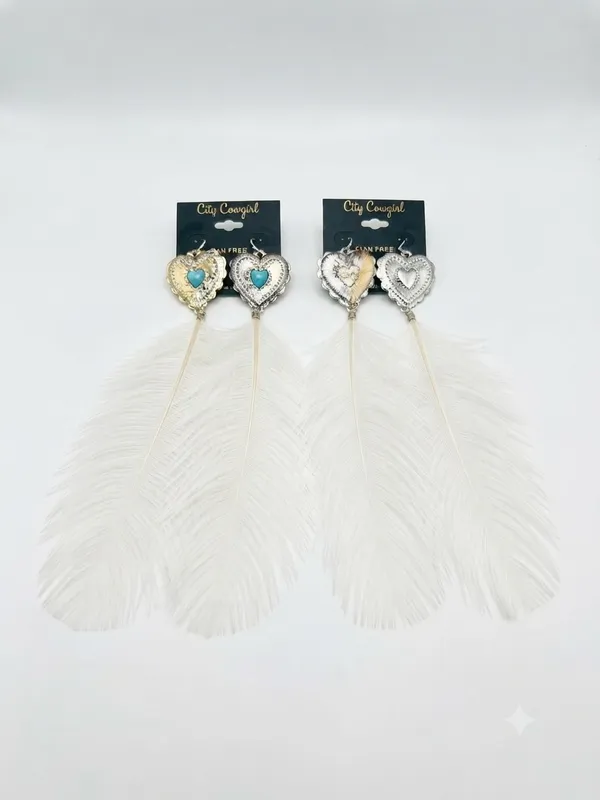 NWT Citi Cowgirl Western Heart & White Feather Statement Earrings - Image 3