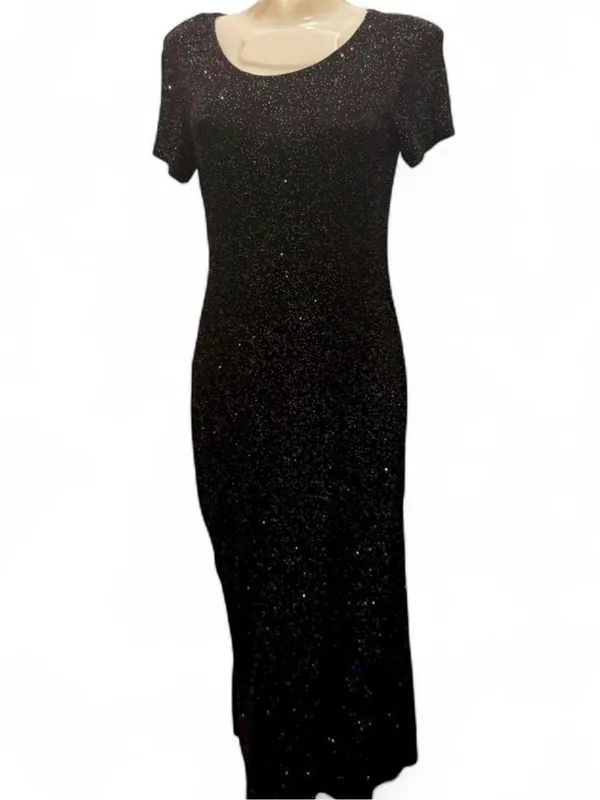 Elegant Black Sparkle Maxi Dress with Short Sleeves - Image 2