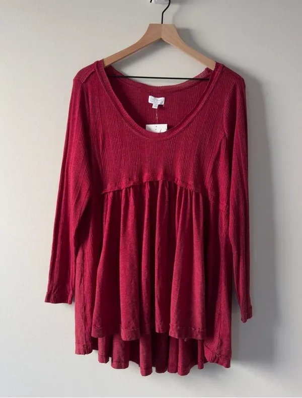 True Craft Red Babydoll Top Long Sleeve round neck cotton blend solid ribbed NWT - Image 13