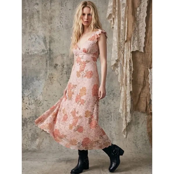 Free People Dainty Ethereal Butterfly Babe Lace Maxi Dress Antique Floral Medium - Image 3