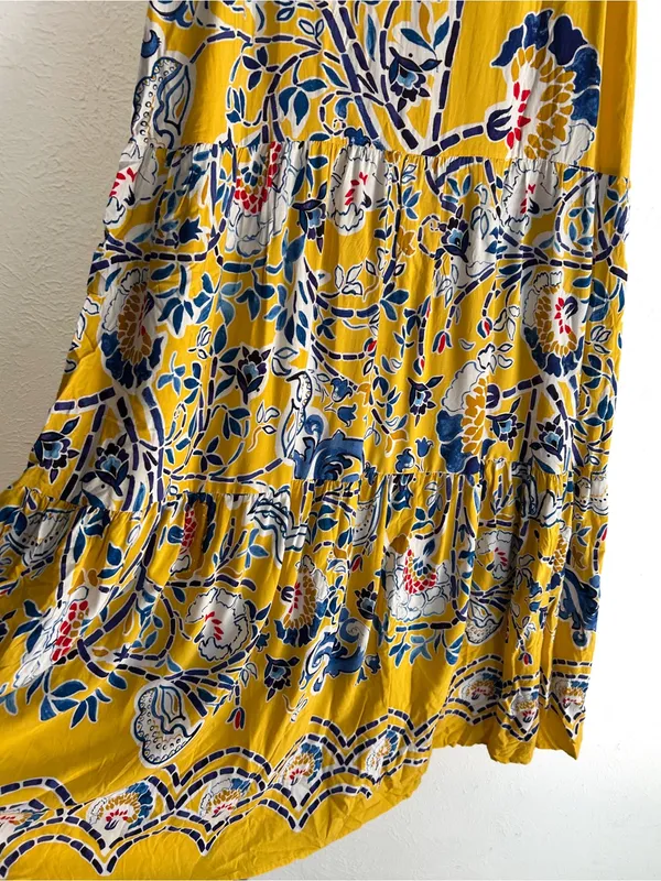 Anthropologie Maeve Puebla Printed Tiered Maxi Dress Yellow Blue Medium - Image 4