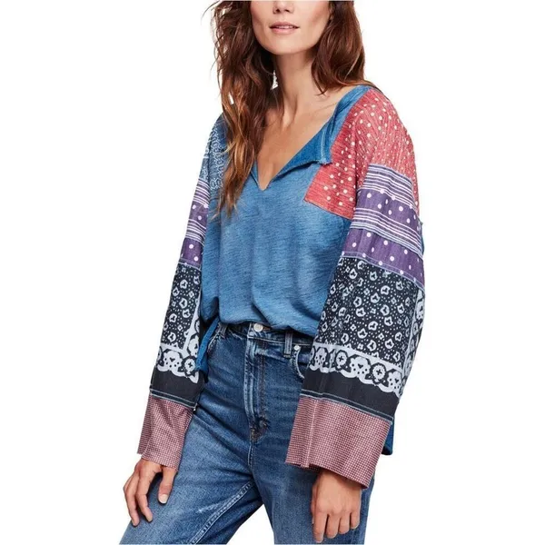 ✨FREE PEOPLE Shibuya Boho Sz Large Denim Patchwork Top✨ - Image 5