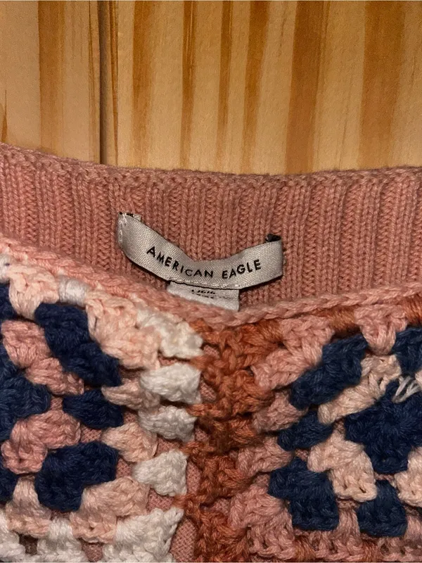 American Eagle Outfitters Crochet Square Tank - Navy, Cream & Brown - Image 2