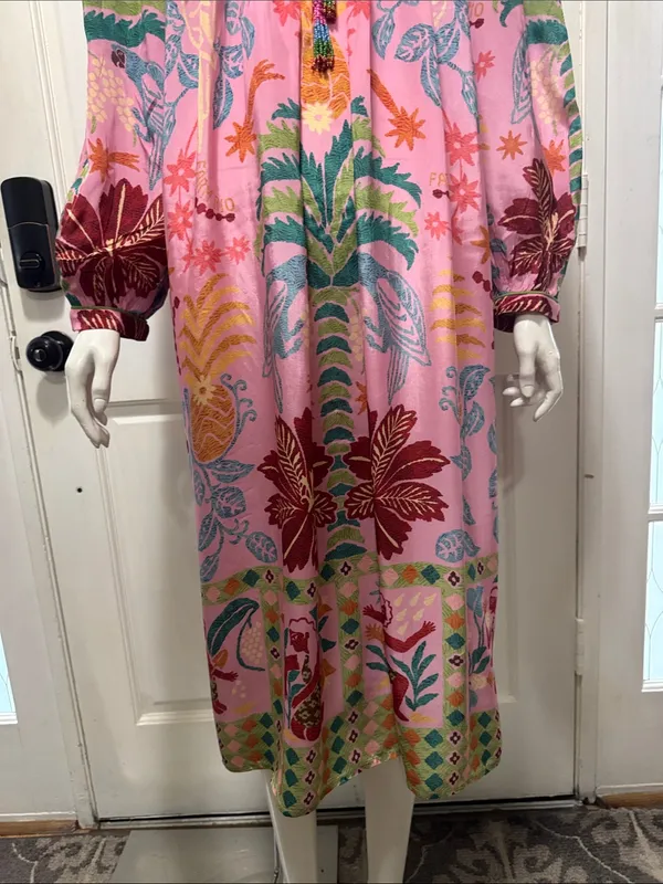 Fruits Queen Scarf Midi Dress Floral Bohemian Long Sleeve Size Medium - Image 7