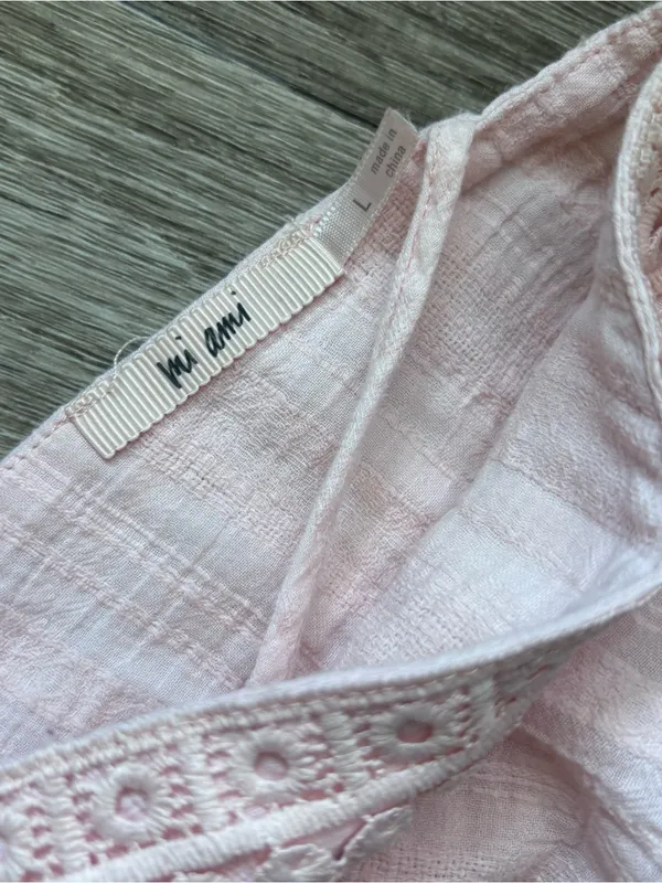 Pale Pink Eyelet Ruffle Coquette Mini Dress Femenine Cottagecore Gatherings Sz L - Image 2