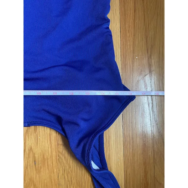 Blue Ribbed Low Back One Piece Swim Suit Bathing Suit‎ EUC Thong Minimalist Med - Image 4