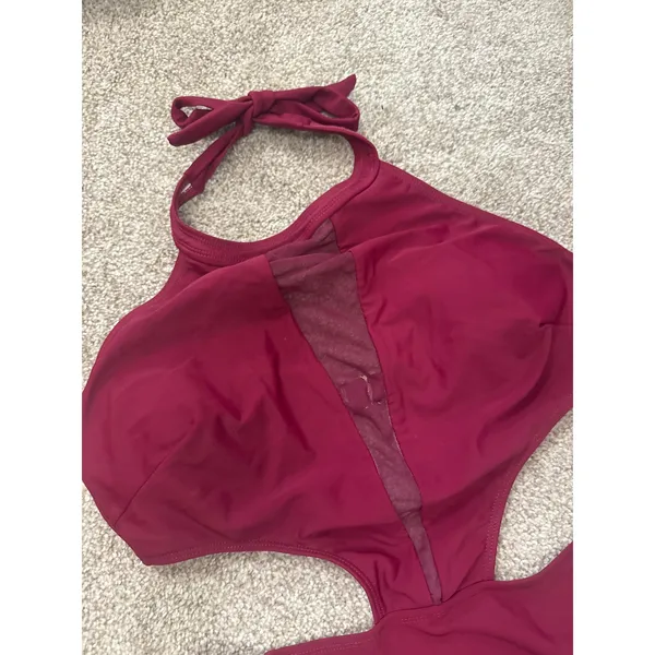 Tempt Me Women's One-Piece Sexy Mesh Neck Halter Monokini Swimsuit in Maroon, M - Image 4