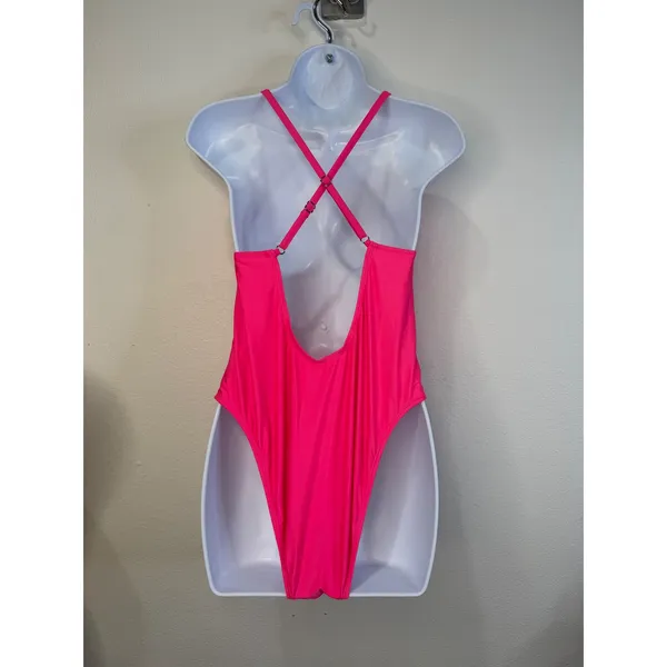 Cupshe Neon Pink V-Neck One Piece Swimsuit High Cut Open Back L DAA12E3H001DD - Image 2