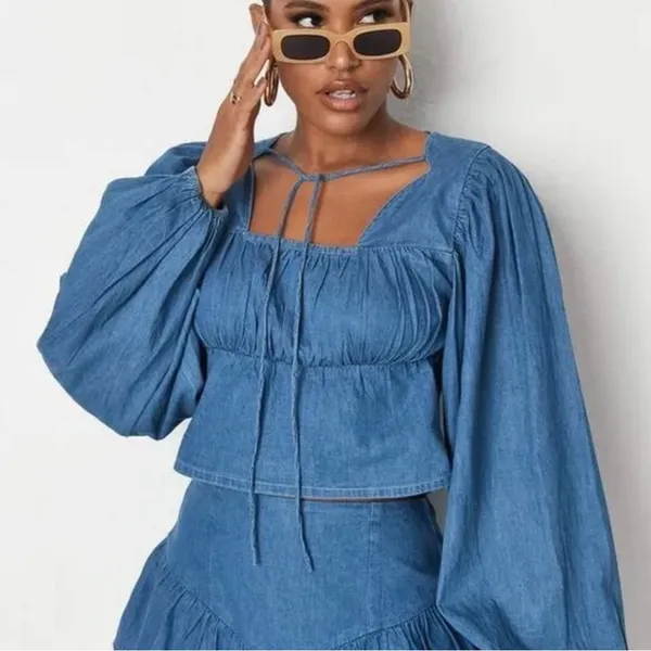 Missguided Tie Front Square Neck Volume Sleeve Denim Crop Top‎ Deep Blue Size 6 - Image 2