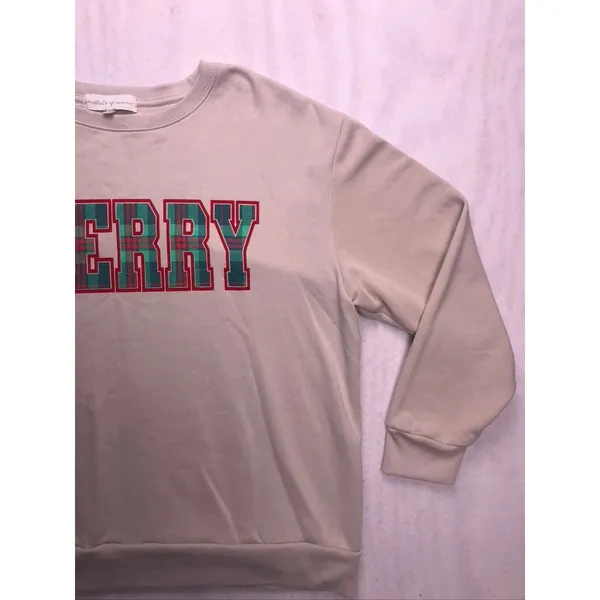State of Mine Merry Plaid Graphic‎ Sweatshirt Womens XL Tan Christmas Pullover - Image 3