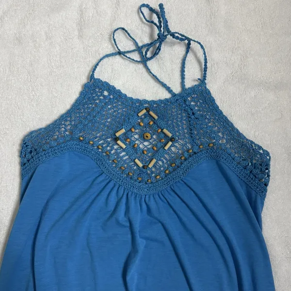 Wet Seal Crochet Halter Top Blue Beaded Boho Y2K Festival Tank Coquette Large - Image 3