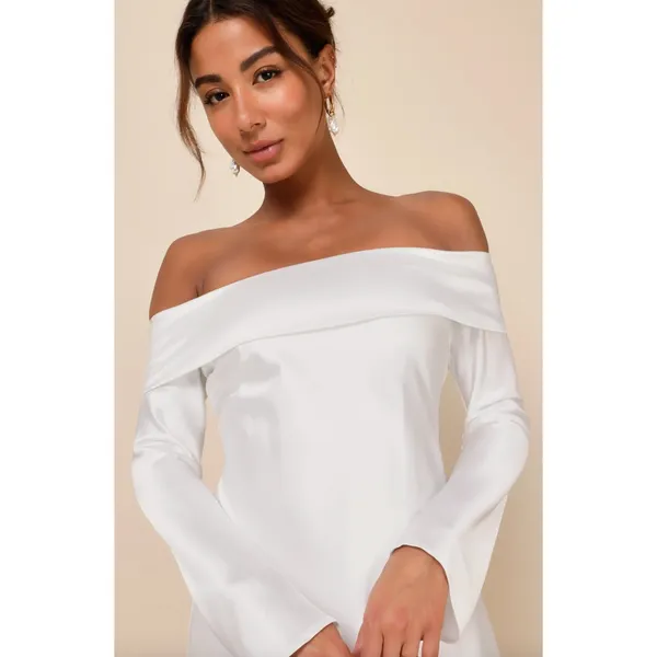 Lulus Luxurious Vision White Satin Off-the-Shoulder Mini Dress Party Medium NWT - Image 3