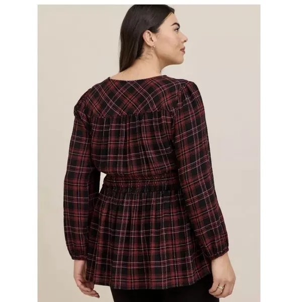 Torrid Plaid Babydoll Flannel Crinkle Gauze‎ Smocked Tie Waist Top Size 1X - Image 3