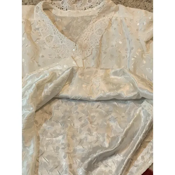 Vtg Ivory Long Sleeve M Blouse Crochet Collar Victorian Feminine Tulip Print EUC - Image 5