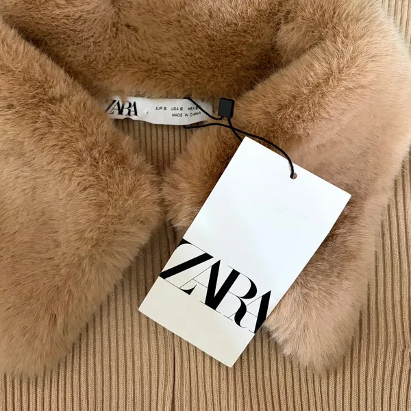 NWT!! ZARA Faux Fur Lapel Knit Sweater Tan‎ Light Brown Zipper Pullover Small - Image 10