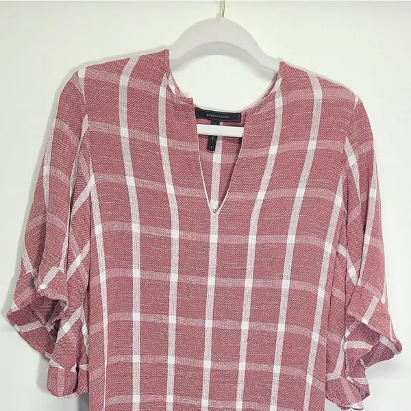 BCBGMAXAZRIA Tati Maroon Plaid V Neck Dress Size Small‎ - Image 4