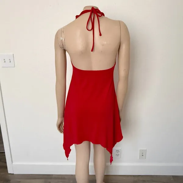 [White Fox] Red Y2K Ruffle Halter Neck Asymmetrical Hem Mini Dress Size Large L - Image 3