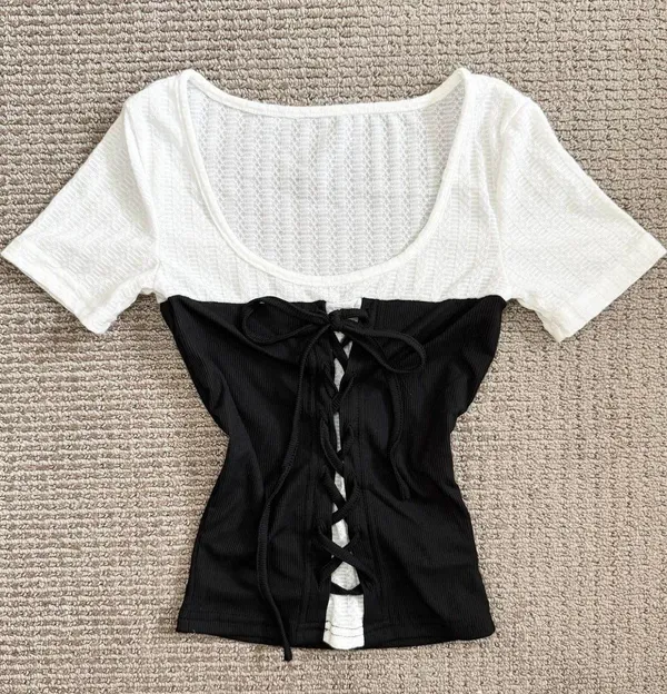 Dazy black & white lace-up corset top - Image 2