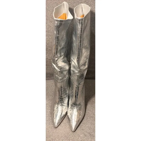 Womens Silver Crocodile Embossed Knee High Boots Pointed Toe‎ Block Heel - Image 4