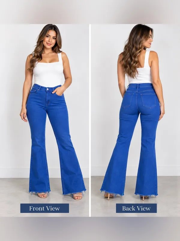 ZARA Women’s Blue High Rise Flare Jeans Raw Hem Size 10 EUR 42 - Image 2