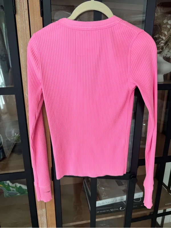 Aerie Bright Pink Ribbed Long Sleeve Henley Top neon tee crop vneck fitted - Image 5