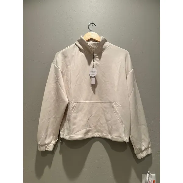 NWT Ododos Women's Ivory Modal Soft‎ Cinchable Sweatshirt Small Half Zip Pockets - Image 2