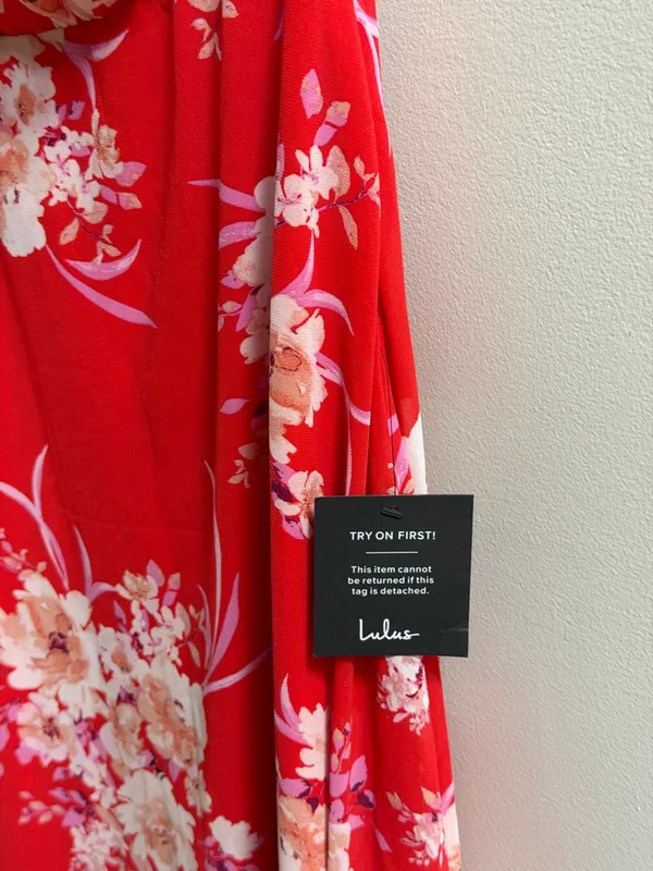 NEW Lulus Brunch Besties Red Floral One Shoulder Midi‎ Graduation Wedding Dress - Image 10