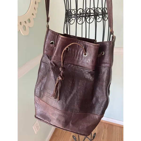Leather Barrel Shoulder/Crossbody Bag Brown Leather Brass‎ Hardware Boho - Image 2