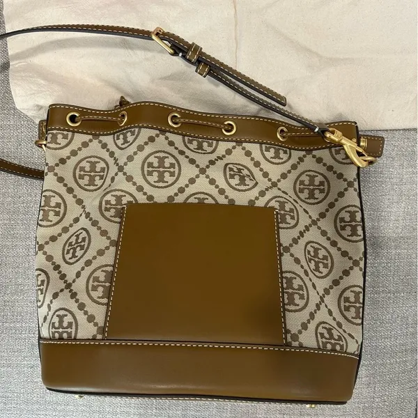 Tory Burch T Monogram Jacquard Bucket Bag brown with duster bag, NWOT - Image 4