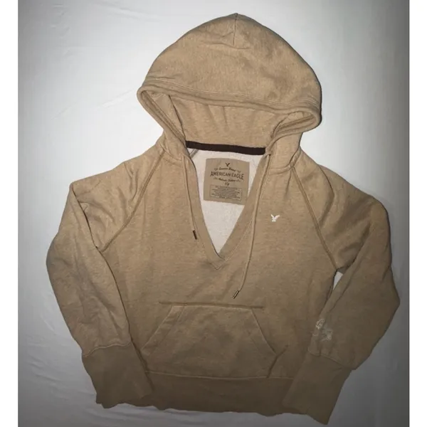 American Eagle V Neck Hoodie Large Tan Heathered Fleece Pullover Boho Y2K Coasta - Image 2