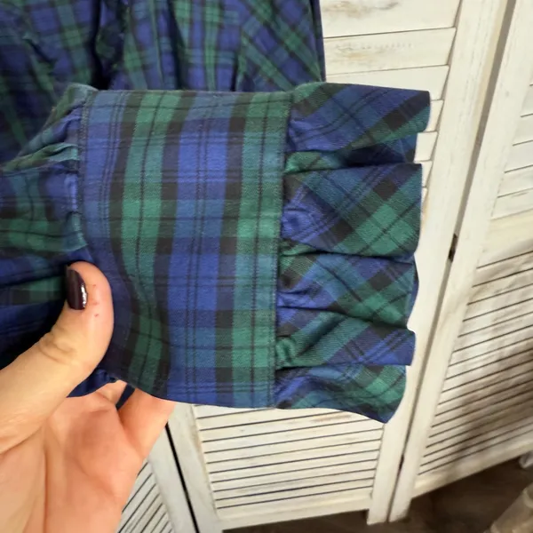 BROOKS BROTHERS Women's 8 Tartan Navy Plaid Long Sleeve Button Top Ruffle Neck - Image 9