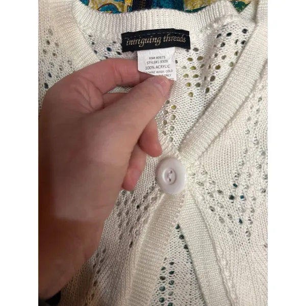 Vtg 90s Y2K Cream Crochet Knit Pointelle Cropped Cardigan Sweater Shrug Med - Image 3