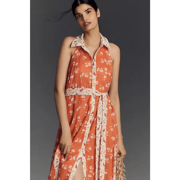 Anthropologie Maeve Halter Open-Back Godet Midi Shirt Dress Mixed Floral Boho - Image 9